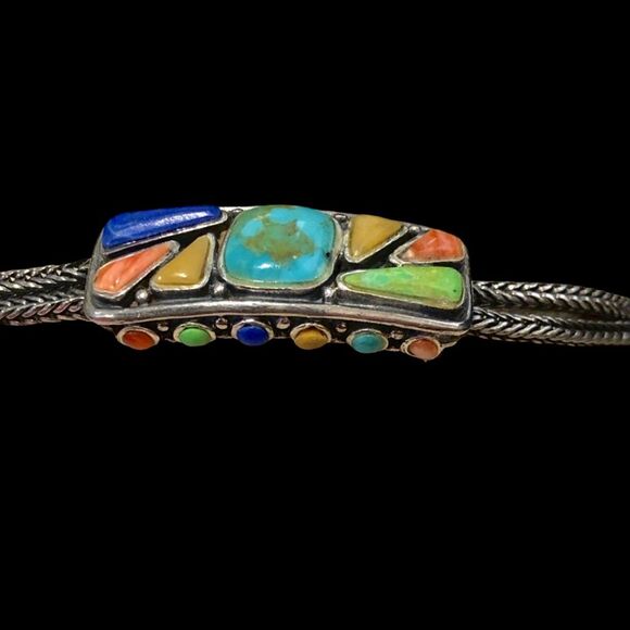 BARSE Sterling Silver Turquoise Coral Lapis Cabochon Thai Weave Toggle Bracelet - Picture 2 of 15